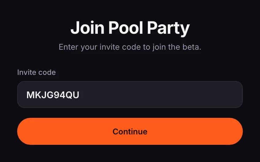 Join Pool Party, with the invite code filled in and a Continue button