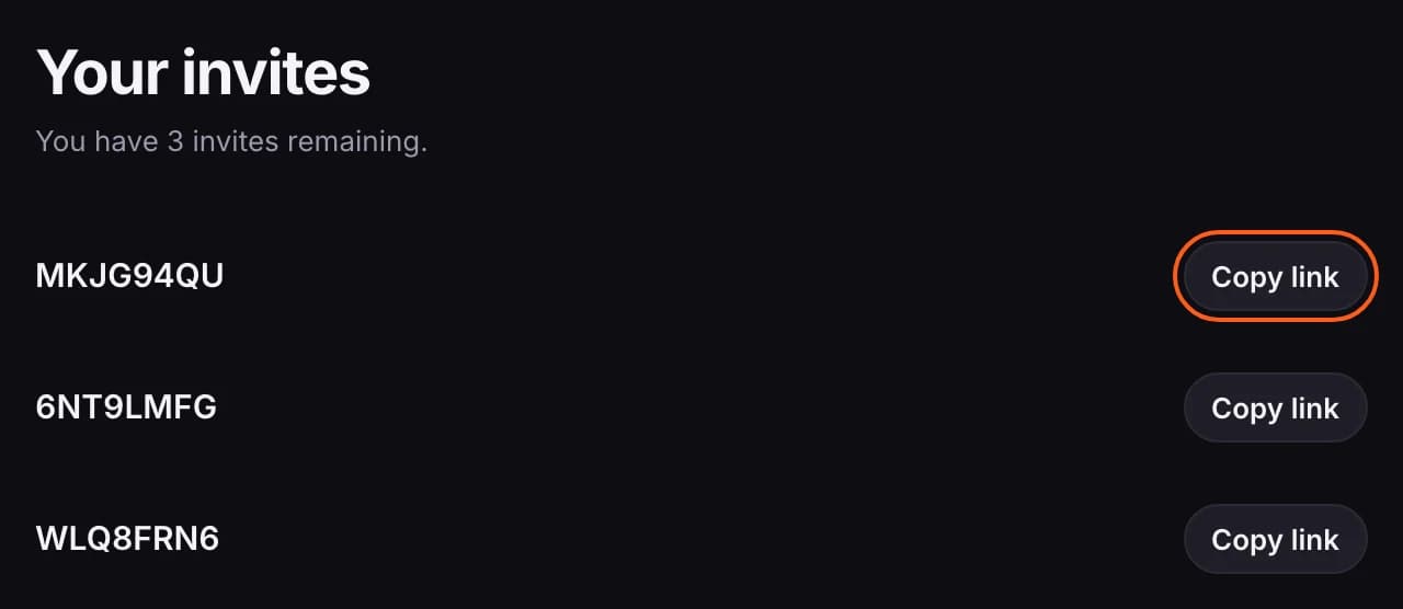 Your invites: three codes, each with a Copy link button