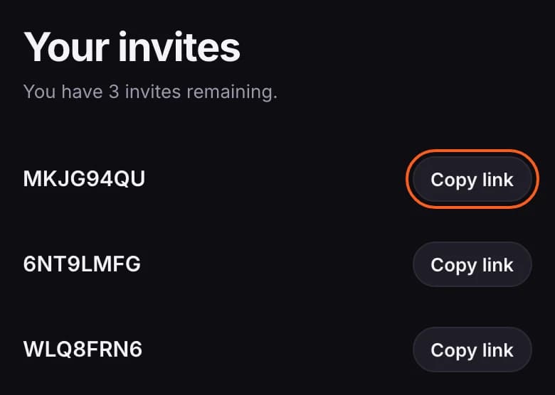 Your invites: three codes, each with a Copy link button