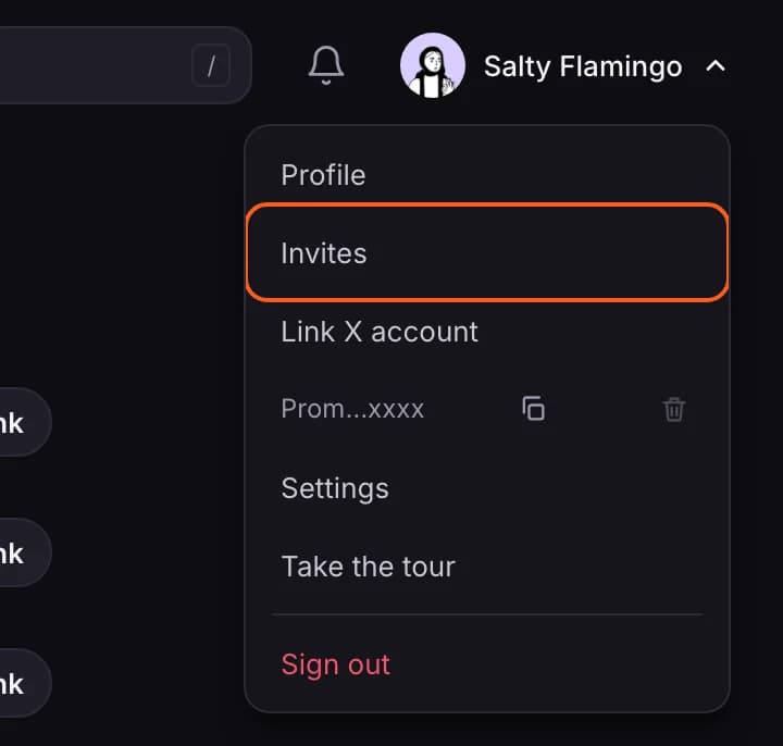 Account menu with Invites outlined