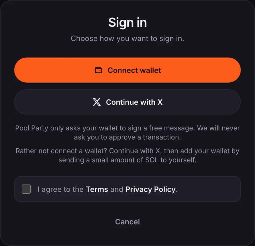 Sign in: Connect wallet or Continue with X, and the Terms checkbox