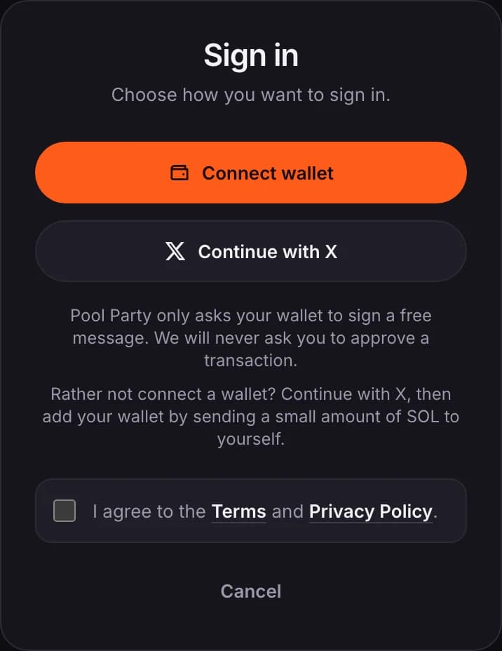 Sign in: Connect wallet or Continue with X, and the Terms checkbox