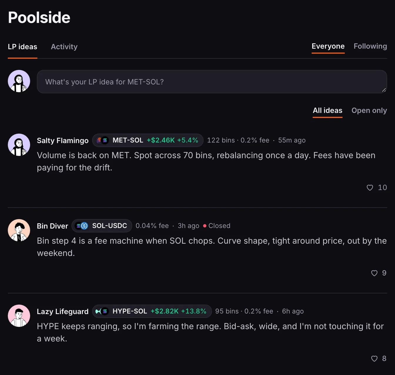 Poolside, on the LP ideas tab, with the newest ideas listed