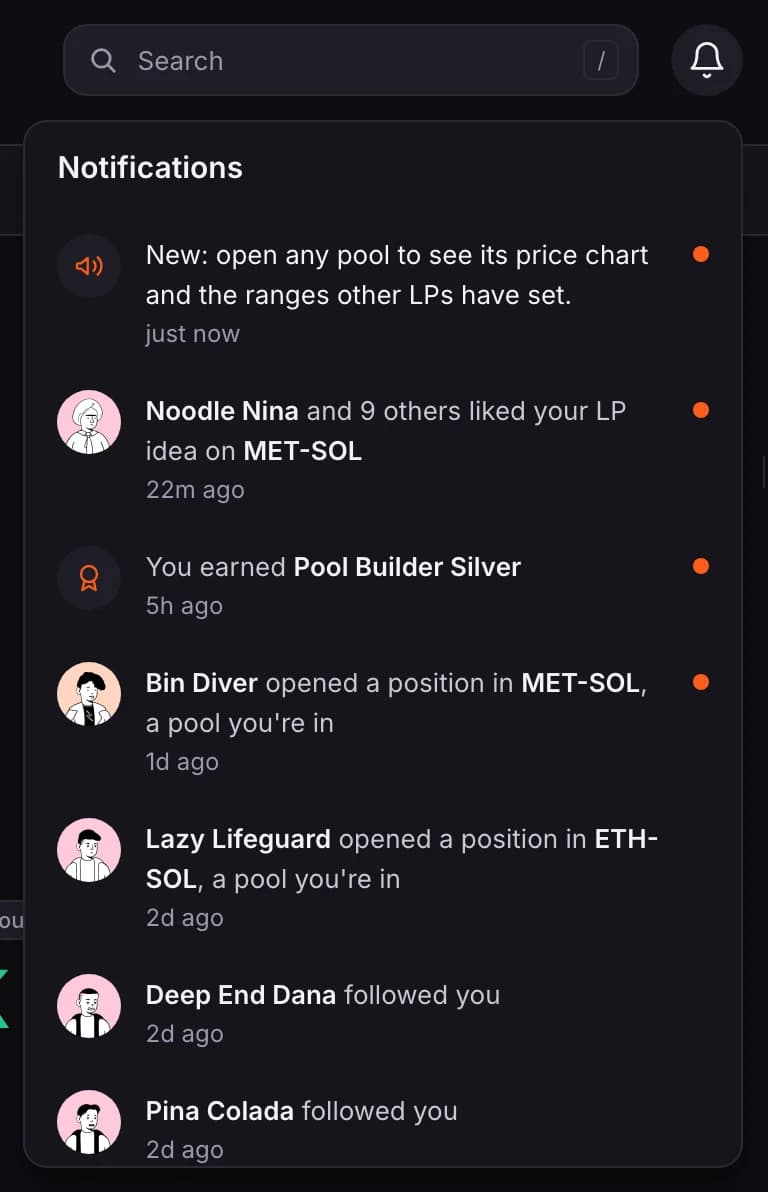 The notifications list: an announcement, likes on an LP idea, a badge earned, positions opened and new followers