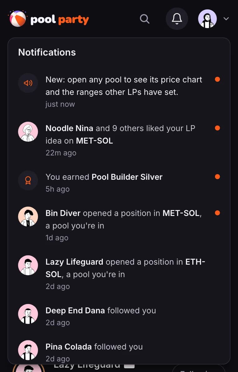 The notifications list: an announcement, likes on an LP idea, a badge earned, positions opened and new followers