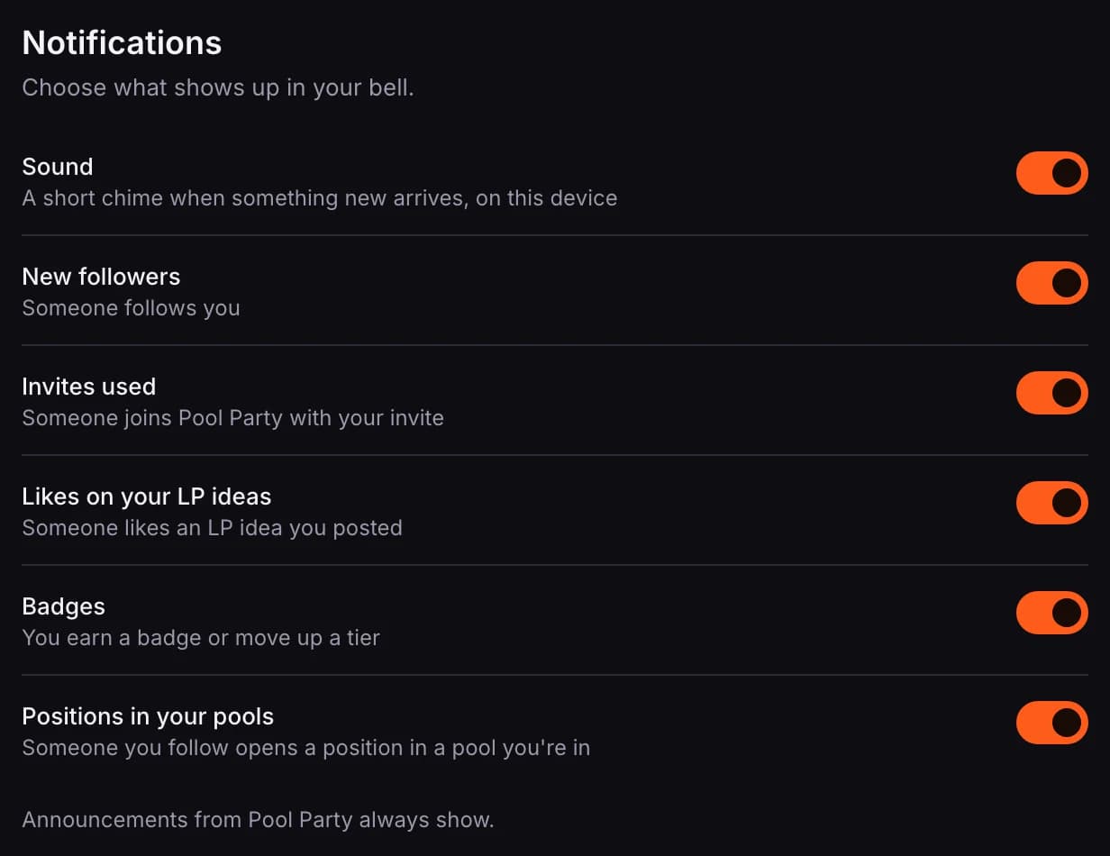 Notification settings: Sound, New followers, Invites used, Likes on your LP ideas, Badges, and Positions in your pools