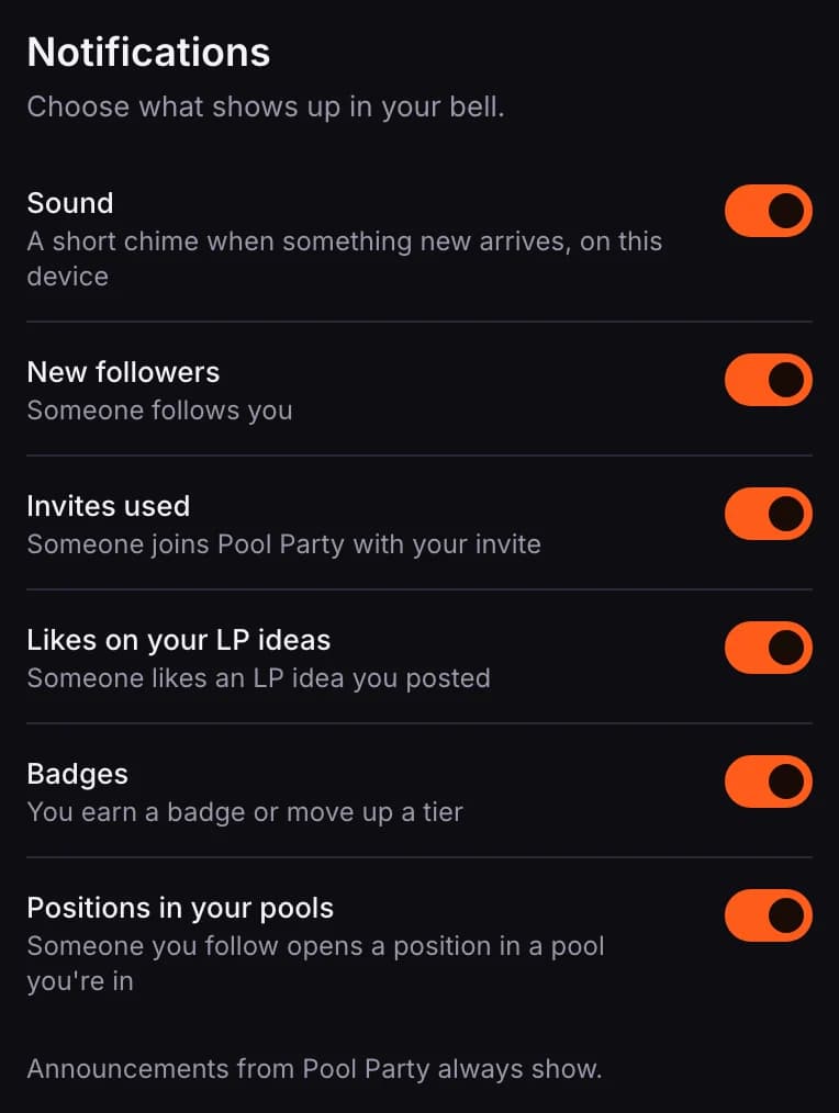 Notification settings: Sound, New followers, Invites used, Likes on your LP ideas, Badges, and Positions in your pools