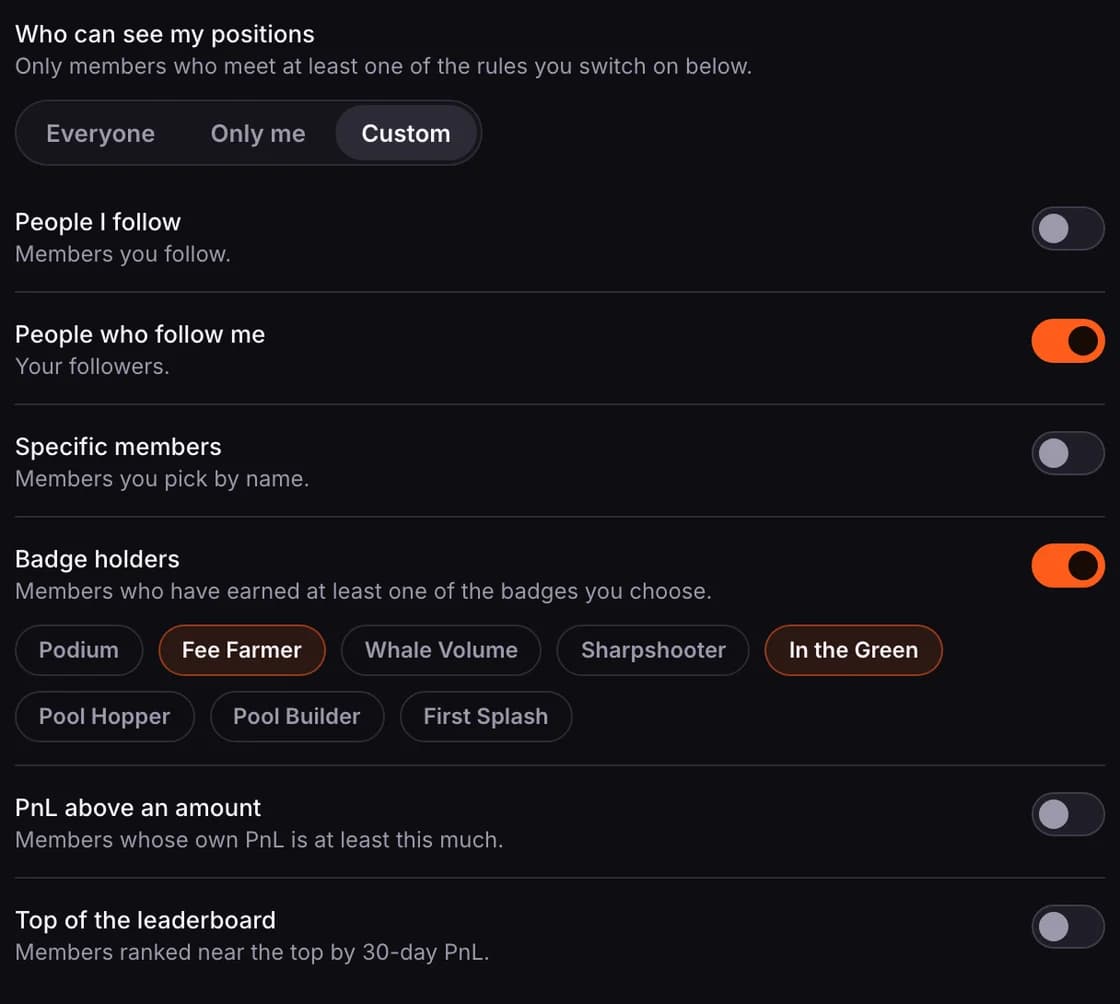 Custom rules, with People who follow me and Badge holders switched on