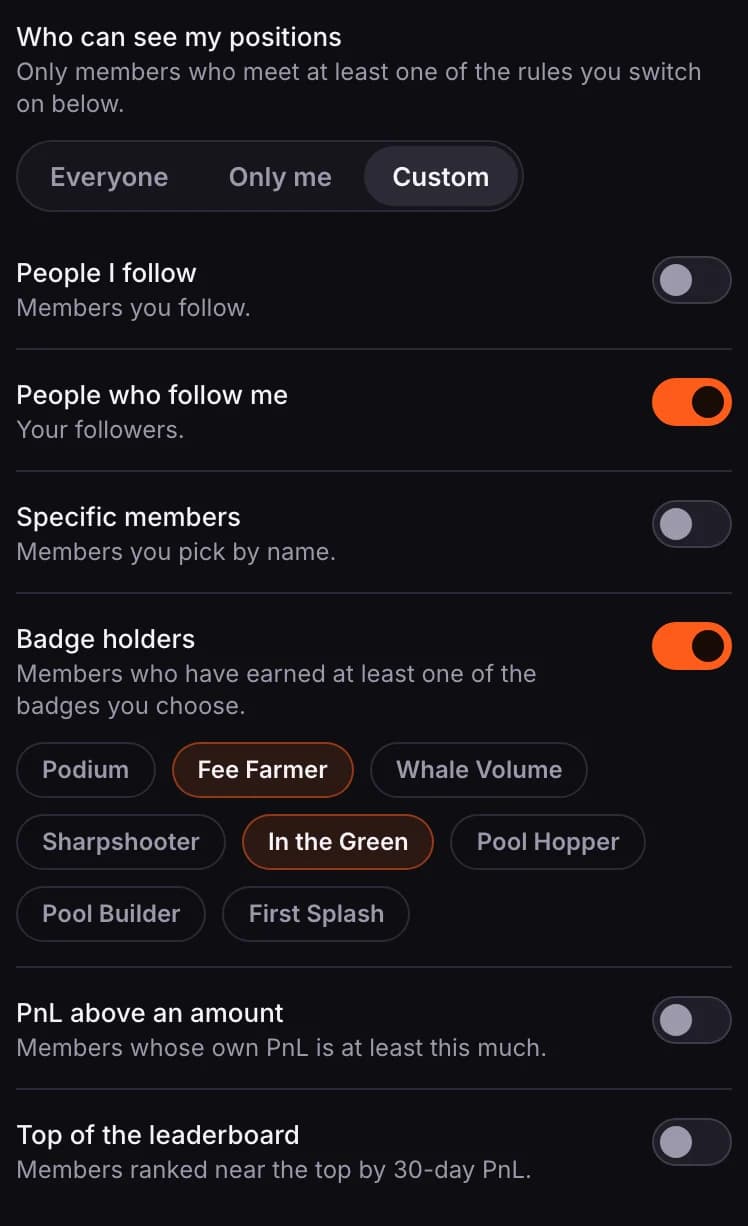 Custom rules, with People who follow me and Badge holders switched on