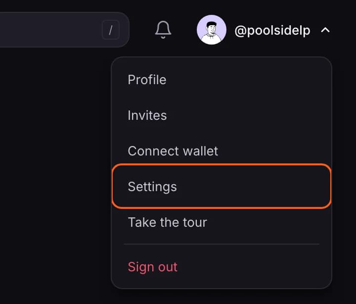 Account menu with Settings outlined