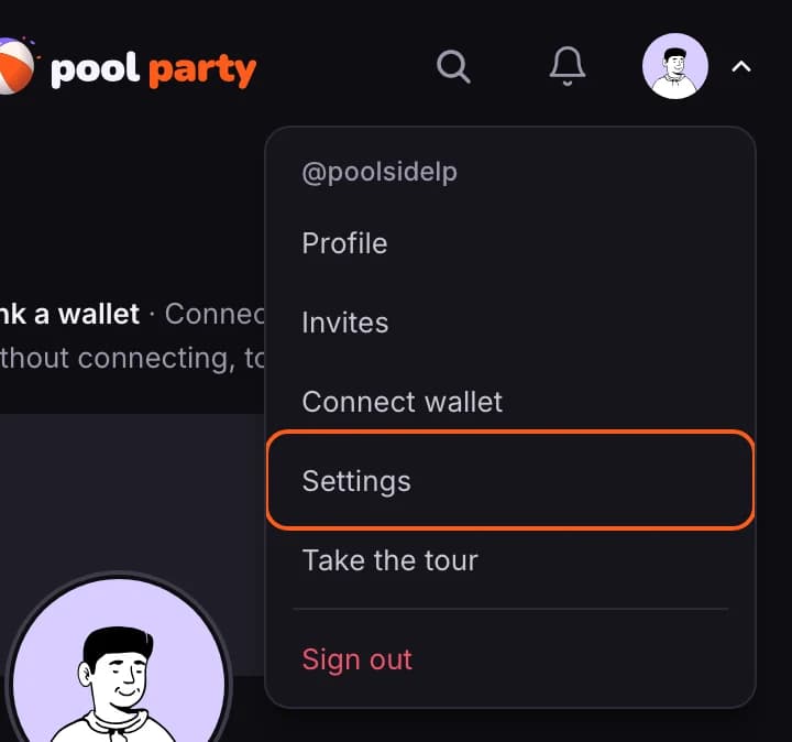 Account menu with Settings outlined