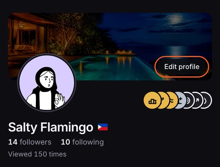 The top of a profile: banner, photo, badges, name, followers and views, with Edit profile outlined