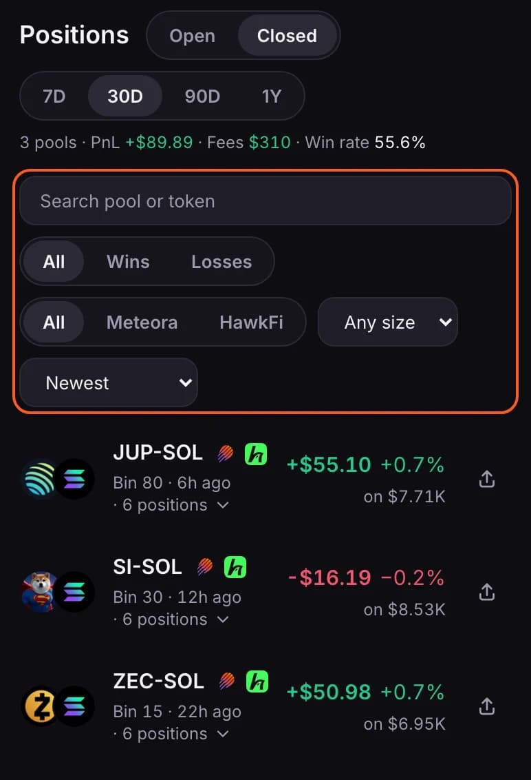 The Closed list: the period switch, totals for the selection, the search and filters outlined, and three pools with their PnL