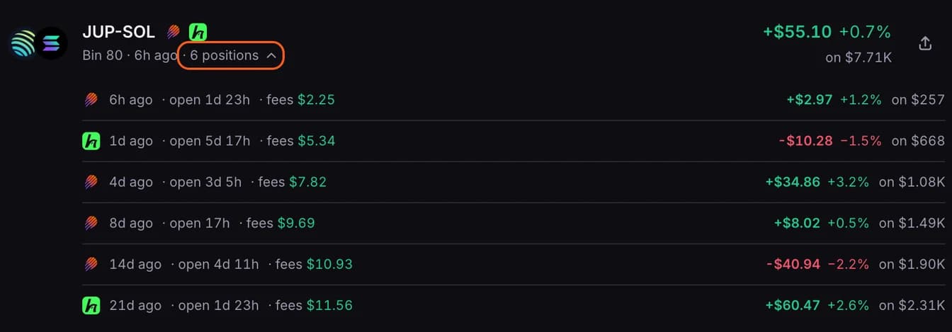 A closed pool opened to list its six positions, with the positions count outlined