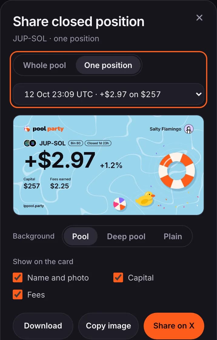 Share closed position, set to One position, with the list of positions outlined
