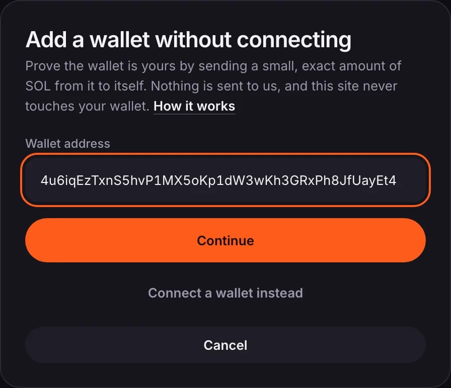 Wallet address field filled in, above the Continue button