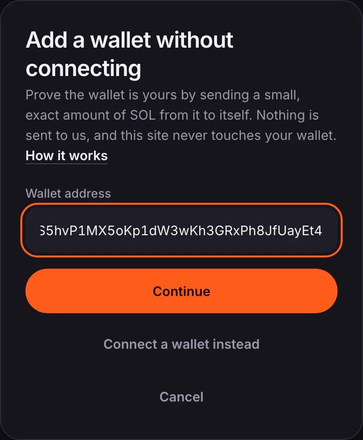 Wallet address field filled in, above the Continue button