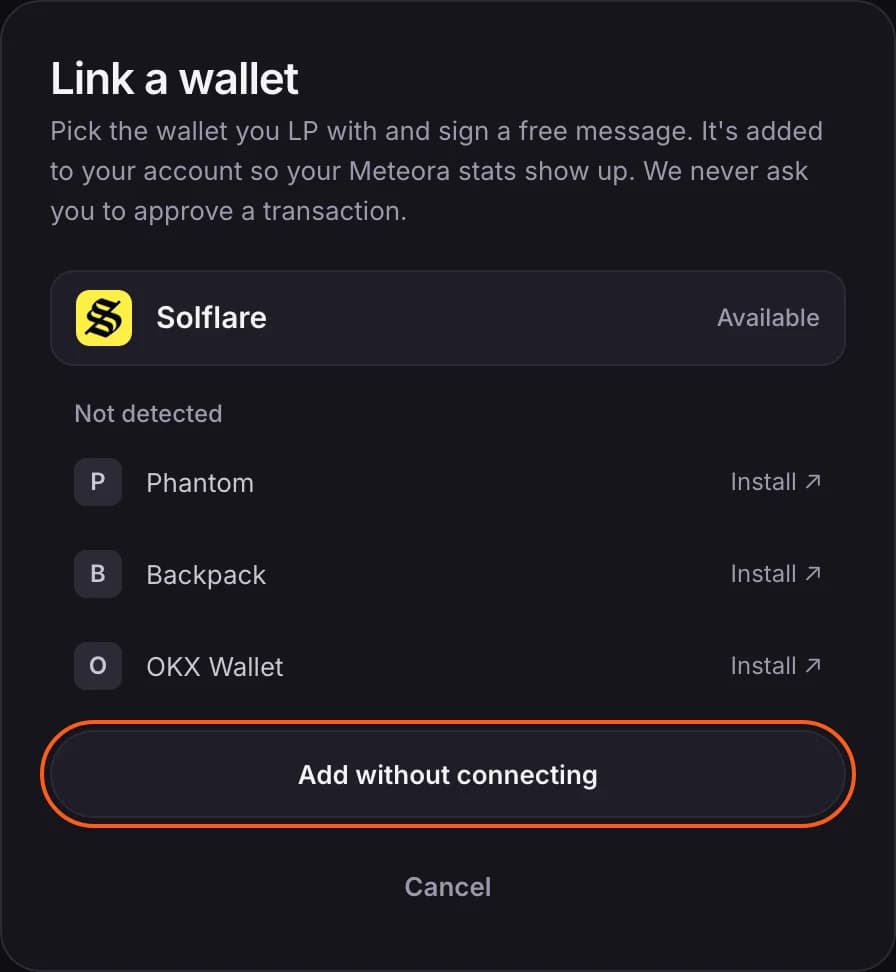 Link a wallet screen with Add without connecting outlined