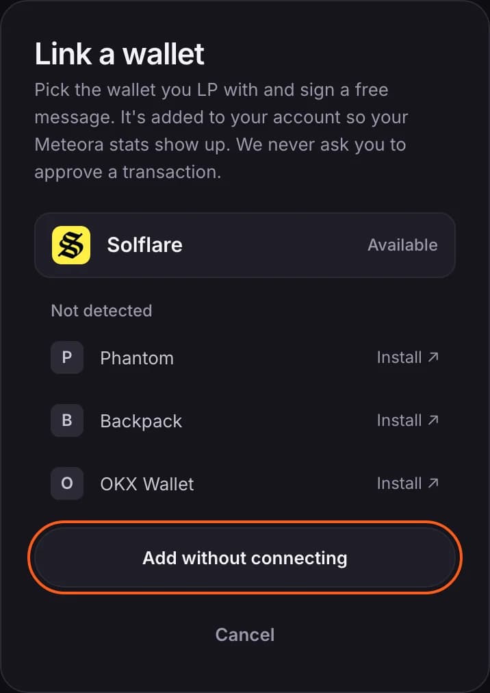 Link a wallet screen with Add without connecting outlined
