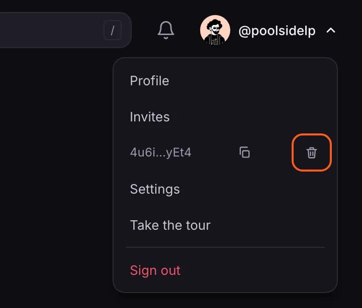 Account menu with the bin beside the wallet address outlined