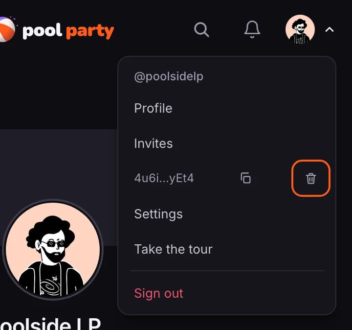 Account menu with the bin beside the wallet address outlined
