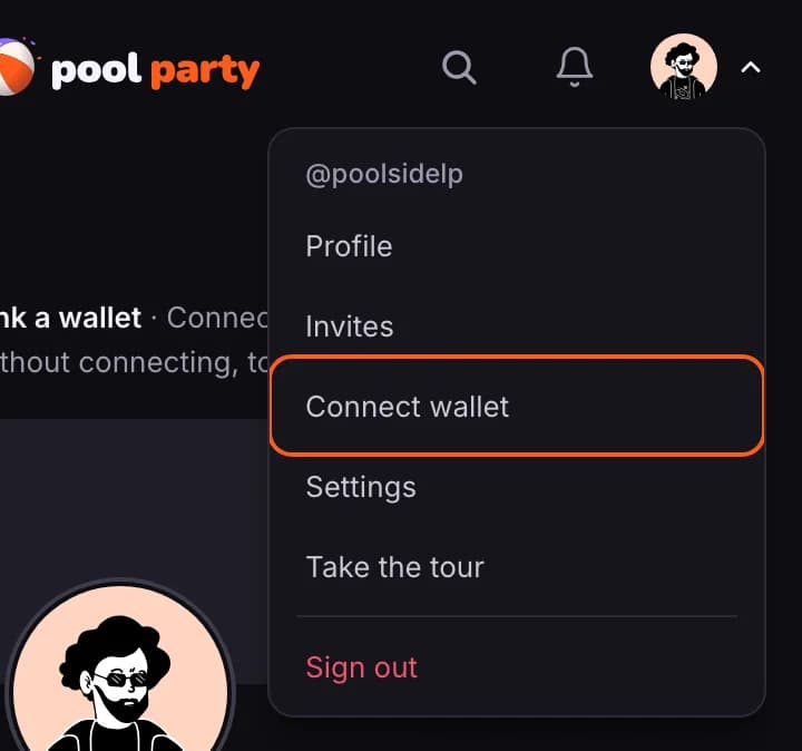 Account menu with Connect wallet outlined