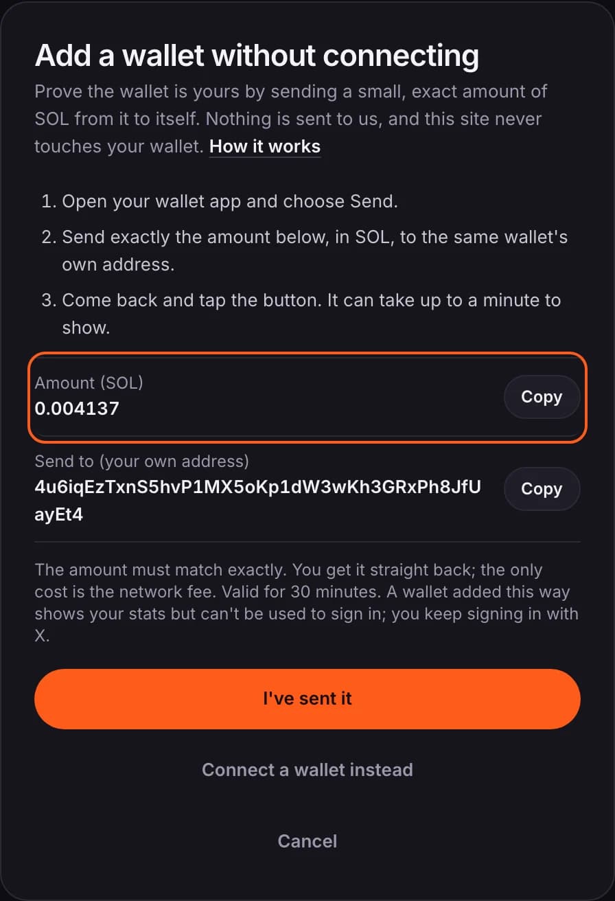The exact amount to send and your own address, each with a Copy button