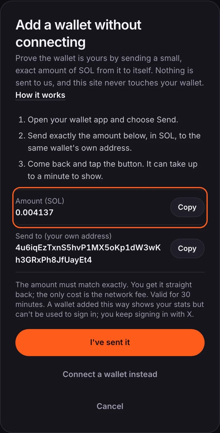 The exact amount to send and your own address, each with a Copy button